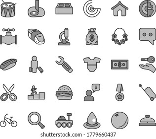 Thin line gray tint vector icon set - scissors vector, t short, drum, building block, burger, sushi, japanese, orange, valve, drop of oil, steel repair key, dollars, think, microscope, zoom, radar