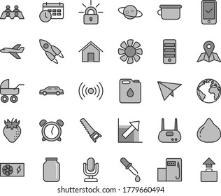 Thin line gray tint vector icon set - sign of the planet vector, desktop microphone, alarm clock, growth chart, baby carriage, children's potty, hand saw, home, map, strawberry, fig, canister oil