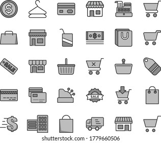 Thin line gray tint vector icon set - paper bag vector, grocery basket, bank card, dollar, e, city block, cart, put in, crossed, with handles, cards, kiosk, hanger, label, stall, shopping, cash
