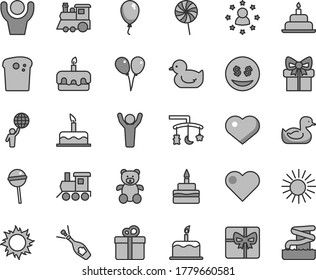 Thin line gray tint vector icon set - heart symbol vector, toys over the cradle, rubber duck, baby duckling, teddy bear, toy train, children's, colored air balloons, balloon, cake, birthday, gift