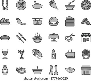 Thin line gray tint vector icon set - plates and spoons vector, plastic fork, iron, coffee, pizza, piece of, big burger, cake, pie, a bowl rice porridge, in saucepan, lettuce plate, bacon, chop, pan