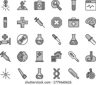 Thin line gray tint vector icon set - mark of injury vector, spectacles, first aid kit, plus, electronic thermometer e, mercury, medical bag, arm saw, estimate, temperature, cardiogram, flask, dna
