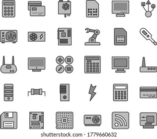 Thin line gray tint vector icon set - floppy disk vector, monitor, window, bank card, calculator, rss feed, electronic thermometer e, lightning, screen, cards, math actions, processor, SIM, engineer
