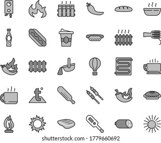 Thin line gray tint vector icon set - electronic thermometer vector e, mercury, heating coil, temperature, radiator, new, boiler, coffee, sausage, loaf, Hot Dog, mini, noodles, pie, porridge, chop