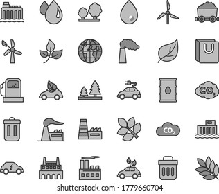 Thin line gray tint vector icon set - drop vector, bag with handles, leaves, leaf, gas station, windmill, wind energy, manufacture, factory, oil, hydroelectric, hydroelectricity, trees, forest, CO2