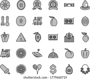 Thin line gray tint vector icon set - warning vector, plastic fork spoons, baby toy train, children's, yule, colored air balloons, building level, peper, ripe peach, quince, melon, half of mango