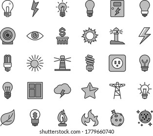 Thin line gray tint vector icon set - lightning vector, incandescent lamp, window, saving light bulb, power socket type b, dangers, star, eye, storm cloud, lens, leaf, pole, mercury, lighthouse, sun
