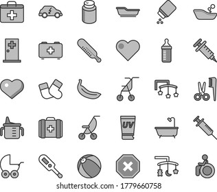 Graue dünne Linie, Vektorsymbol-Set - Herzsymbol, Verletzungsmarke, Erste-Hilfe-Kit, Spielzeug über der Wiege, Kinderbett, Messbecher zum Füttern, Flasche, Pulver, Baby, Roller, Sommer, Sitzplatz, Zimmer