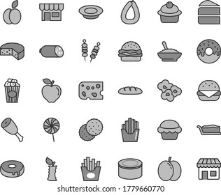 Thin line gray tint vector icon set - kiosk vector, sausage, stick of, piece cheese, loaf, canned goods, fried vegetables on sticks, big burger, cake, muffin, slice, with a hole, glazed, plate milk