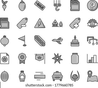 Thin line gray tint vector icon set - danger of electricity vector, minus, add label, remove, pennant, negative histogram, question, toys over the cot, winch hook, car, Hot Dog, birthday cake, melon