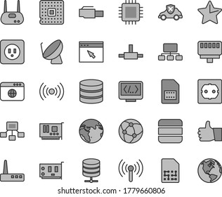 Thin line gray tint vector icon set - power socket type b vector, f, star, thumb up, big data server, autopilot, processor, satellite dish, SIM card, scheme, hierarchical, cpu, pc, router, network