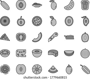 Thin line gray tint vector icon set - stationery knife vector, piece of cheese, pizza, slices onion, cake slice, cucumber, sandwich, plum, water melon, half mango, delicious, peach, tangerine, lemon