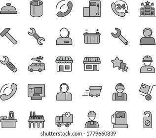 Thin line gray tint vector icon set - builder vector, workman, hammer, delivery, 24, phone call, operator, shipment, gas station, modern, battery, industrial enterprise, pipes, repair key, steel
