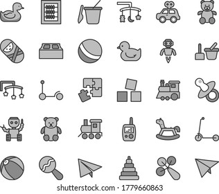 Thin line gray tint vector icon set - paper airplane vector, toys over the cradle, cot, dummy, new abacus, beanbag, baby rattle, rubber duck, duckling, bath ball, stacking toy, motor vehicle present