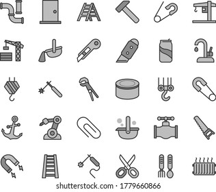 Thin line gray tint vector icon set - scissors vector, clip, safety pin, open, iron fork spoons, crane, tower, hook, winch, adjustable wrench, hand saw, stepladder, ladder, ntrance door, knife, gas