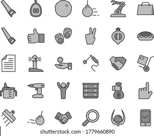 Thin line gray tint vector icon set - scribbled paper vector, magnifier, chest of drawers, measuring cup for feeding, shoes little children, big core, drill, hand saw, arm, spatula, index finger, up