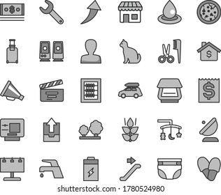 Thin line gray tint vector icon set - woman vector, horn, movie cracker, upload archive data, toys over the cradle, new abacus, nappy, accessories for a hairstyle, faucet mixer, pizza, mint, trees