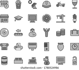 Juego de iconos de vectores de tintes grises de línea delgada - monitor vectorial, ventana, grúa, casco de construcción, bloque de construcción, estaño, taza de palomitas, vidrio, frambuesa sabrosa, limón de corte, panel solar grande, monedas, torre de pc
