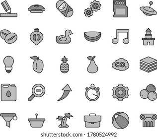 Thin line gray tint vector icon set - zoom out vector, rubber duck, baby bath ball, tumbler, yule, cogwheel, bulb, drawing, pile, suitcase, pie, coffee beans, a pineapple, pear, half of medlar, pan