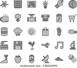 Thin line gray tint vector icon set - chest of drawers vector, cloud, roly poly doll, saving light bulb, cup tea, cocktail, blackberry, charging battery, valve, barrel, industrial building, bag, sun