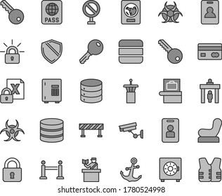 Thin line gray tint vector icon set - prohibition vector, Baby chair, key, road fence, lock, anchor, passport, big data, strongbox, reverse side of a bank card, encrypting, biohazard, airport tower