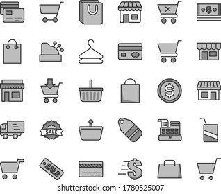 Thin line gray tint vector icon set - paper bag vector, grocery basket, bank card, dollar, e, cart, put in, crossed, with handles, cards, kiosk, hanger, label, stall, shopping, reverse side of a