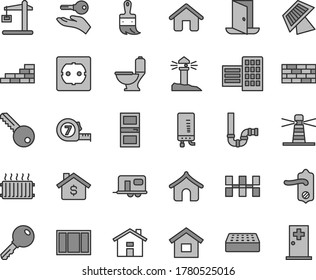 Thin line gray tint vector icon set - house vector, dwelling, brickwork, brick wall, window frame, long meashuring tape, wooden paint brush, toilet, siphon, power socket type f, key, door knob, exit