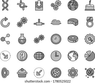 Thin line gray tint vector icon set - sign of the planet vector, clockwise, loudspeaker, download archive data, question, gears, cogwheel, star gear, wall clock, left bottom arrow, cake, right, dna