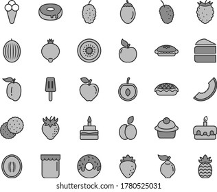 Thin line gray tint vector icon set - muffin vector, piece of cake, torte, birthday, with a hole, glazed, pie, apple, popsicle, cone, jam, biscuit, quince, apricot, red, raspberry, strawberry, tasty