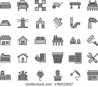 Thin line gray tint vector icon set - house vector, wicker pot, box of bricks, hook, building trolley, concrete mixer, small tools, paint roller, siphon, city block, tile, brick, spatula, road fence