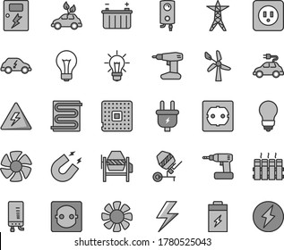 Thin line gray tint vector icon set - lightning vector, danger of electricity, matte light bulb, concrete mixer, cordless drill, power socket type b, f, dangers, heating coil, radiator, boiler, line