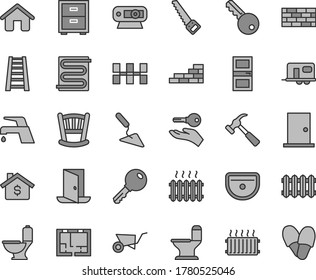 Juego de íconos vectoriales de tono gris claro - vector de mesa de cabecera, cuna, casa, ladrillo, pared de ladrillo, carro de construcción, trineo, sierra de brazo, escalera, fregadero, inodoro, cómodo, dispuesto de plano, interhabitación