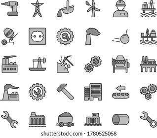 Thin Line Gray Tint Vector Icon Set - Workman Vector, Concrete Mixer, Cordless Drill, Power Socket Type F, Buildings, Gear, Star, Hammer, Core, Sea Port, Commercial Seaport, Oil Derrick, Coal Mining