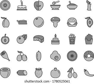 Juego de iconos vectoriales de tono gris de línea delgada - plato profundo con una cuchara vectorial, pastel, salchicha, queso, gran hamburguesa, seta, rebanada, cumpleaños, agujero glaseado, tazón de avena de arroz, pierna de pollo asada, taza de palomitas