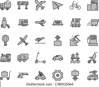 Thin line gray tint vector icon set - truck lorry vector, paper airplane, summer stroller, baby toy train, child Kick scooter, traffic signal, delivery, sea port, coal mining, gas station, modern