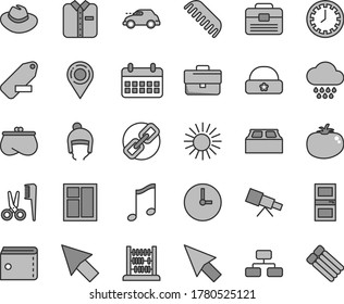 Thin line gray tint vector icon set - briefcase vector, clock face, purse, spectacles, hat, remove label, accessories for a hairstyle, comb, cloud, winter, warm, abacus, window, portfolio, wall, sun