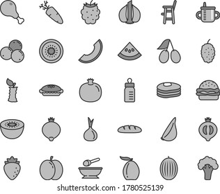 Thin line gray tint vector icon set - mug for feeding vector, bottle, deep plate with a spoon, chair child, loaf, burger, pie, chicken leg, garlic, carrot, pancakes, apple, pomegranate, raspberry