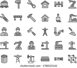 Thin line gray tint vector icon set - crane vector, dwelling, builder, workman, trowel, wooden paint brush, sewerage, construction level, ceramic tiles, brick, road fence, hammer, with claw, home