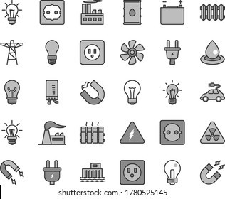 Thin line gray tint vector icon set - matte light bulb vector, incandescent lamp, power socket type b, f, radiator, new, electronic boiler, marine propeller, factory, oil, accumulator, pole, plug