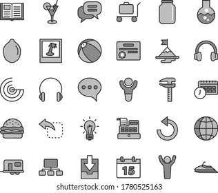 Thin line gray tint vector icon set - counterclockwise vector, download archive data, baby bath ball, calendar, speech, book, headphones, earth, move left, burger, lime, calipers, jar, scheme, flask