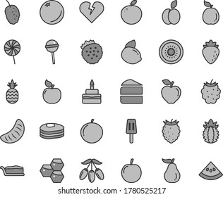 Thin line gray tint vector icon set - broken heart vector, piece of cake, slice, birthday, Chupa Chups, lollipop, popsicle, strawberries, a pineapple, apple, pancakes, orange, honeycombs, apricot