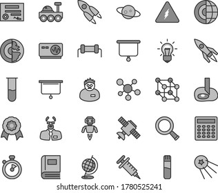 Thin line gray tint vector icon set - test tube vector, molecule, electricity, zoom, bulb, satellite, book, globe, oscilloscope, scientist, calculator, artifical insimination, earth core, medal