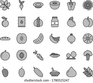 Thin line gray tint vector icon set - loaf vector, slices of onion, a bowl buckwheat porridge, plate milk, cucumber, peper, jar jam, apple, plum, fig, medlar, blueberry, mulberry, tasty, half peach
