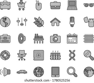 Thin line gray tint vector icon set - calendar vector, loudspeaker, beanbag, house, portfolio, suitcase, radiator, camera, volume, put in cart, planet Earth, industrial enterprise, weaving, notebook