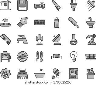 Thin line gray tint vector icon set - desktop microphone vector, matte light bulb, feeding bottle, mercury thermometer, comb, iron fork spoons, crane, concrete mixer, hand saw, washbasin, bath, gear