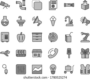 Thin line gray tint vector icon set - line chart vector, storage unit, packing of juice with a straw, washbasin, construction level, plummet, kitchen faucet, bulb, regulator, copy, unpacking, cone