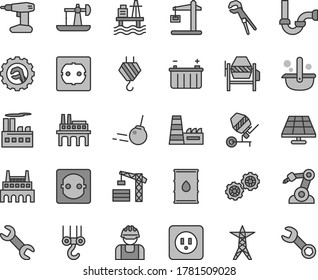 Thin line gray tint vector icon set - tower crane vector, hook, winch, gears, concrete mixer, adjustable wrench, drill, sewerage, power socket type b, f, star gear, core, sea port, solar panel, line