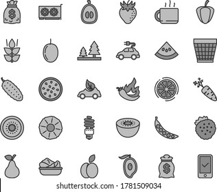 Thin line gray tint vector icon set - wicker pot vector, lettuce in a plate, cucumber, cup of tea, strawberries, apple, pear, mint, strawberry, half mango, loquat, passion fruit, kiwi, slice lemon