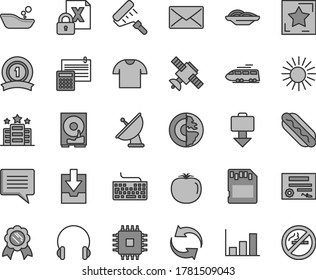 Thin line gray tint vector icon set - image of thought vector, keyboard, renewal, download archive data, children's bathroom, paint roller, calculation, headphones, T shirt, Hot Dog, slices onion