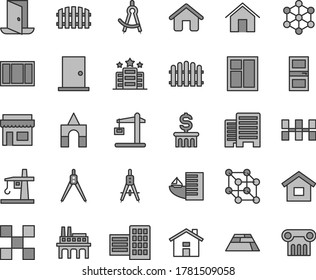 Thin line gray tint vector icon set - house vector, box of bricks, dwelling, window, frame, ntrance door, interroom, buildings, city block, tile, ceramic tiles, fence, hedge, paving slab, home, exit